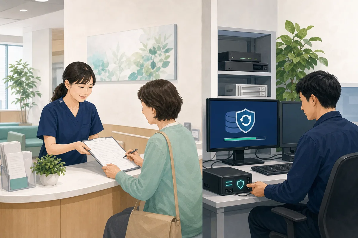 受付を続けながらIT担当者がバックアップからの復旧を進めているクリニックの様子