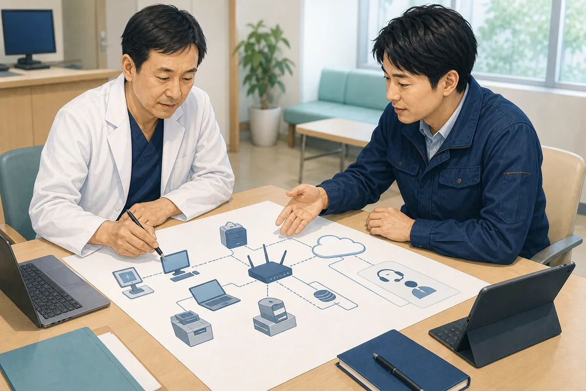 院長とIT担当者がクリニックの端末、ネットワーク、クラウドの関係を整理している様子