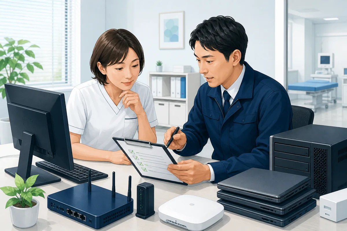 クリニックの機器と保守先を医療スタッフとIT担当者が確認している様子