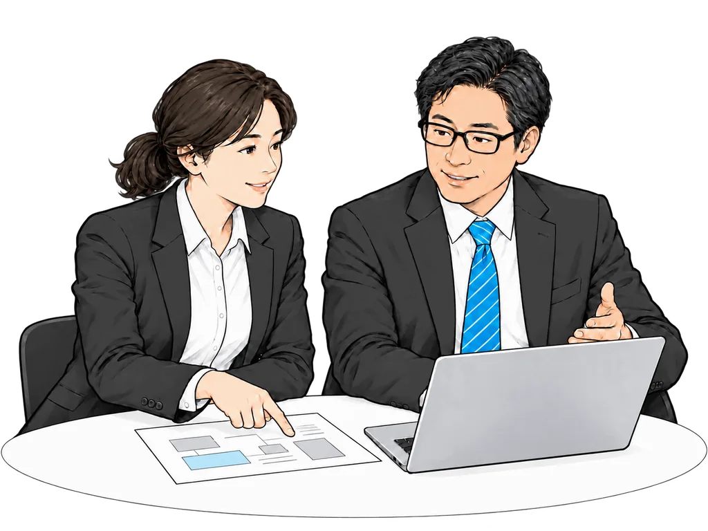 営業と技術担当者が資料を見ながら提案を相談するイラスト