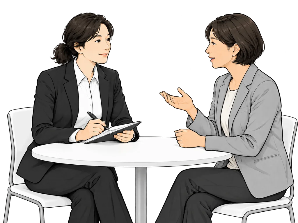 お客様の話を聞き、相談内容を整理する営業担当者のイラスト