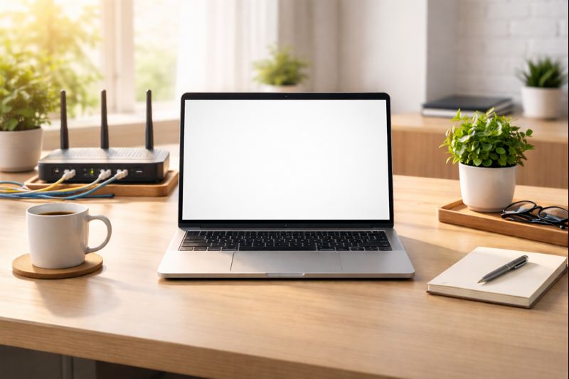 問題が解決したパソコンと整理されたオフィスデスク