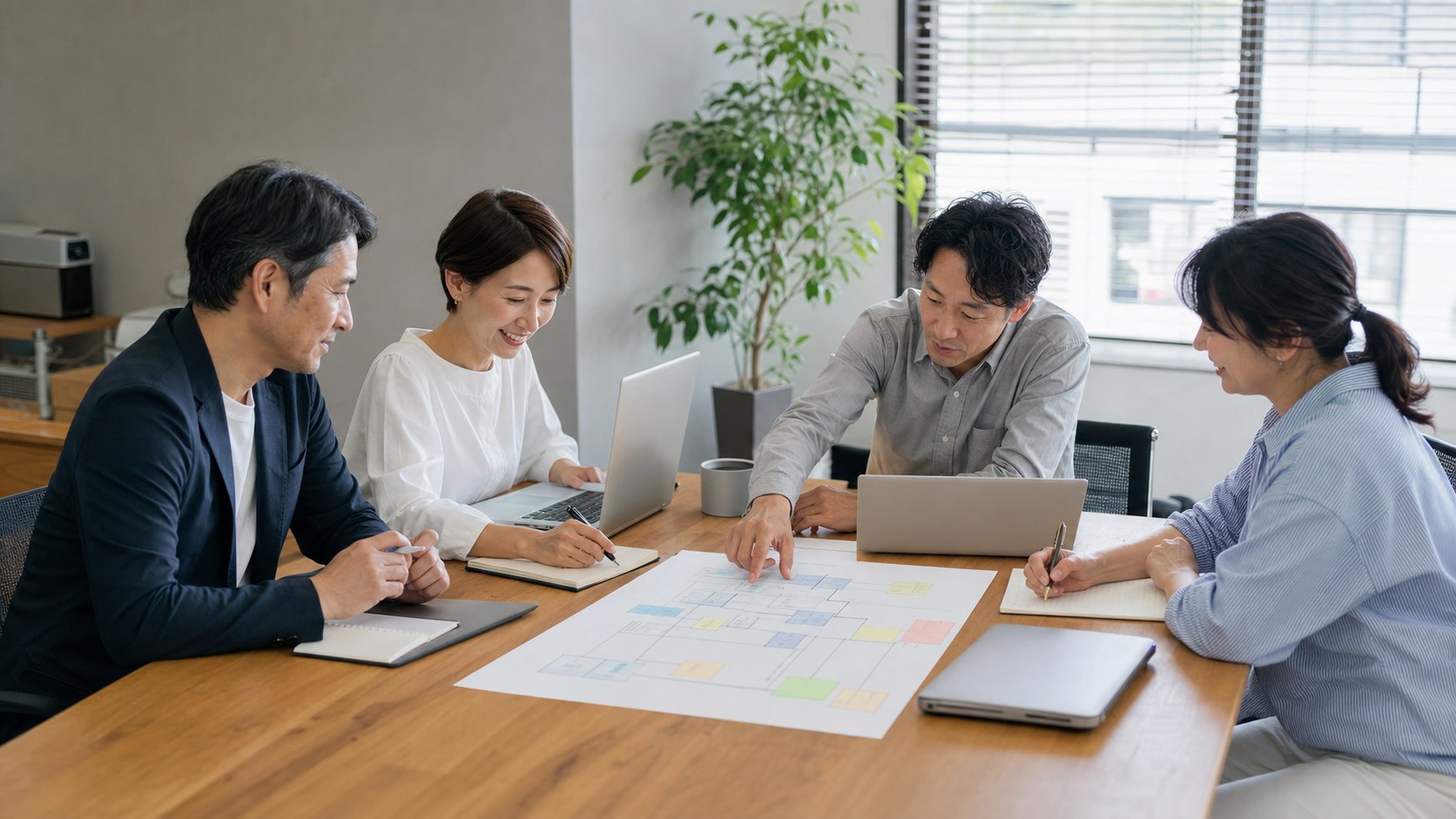 別々の会社の担当者が一つの計画を囲み、前向きに話し合う様子
