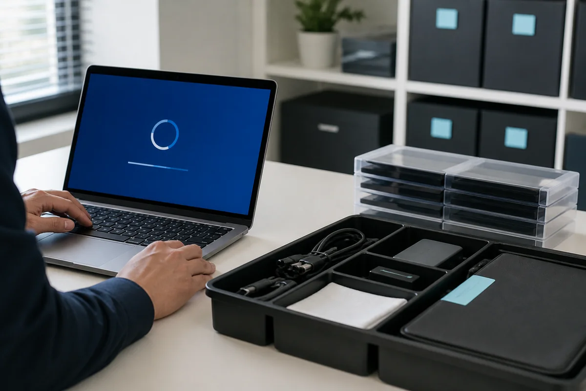 業務用PCを初期化して次の利用者向けに再設定する様子