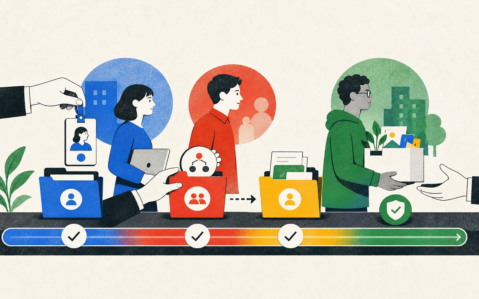 入社、異動、退職にともなうアカウントとデータの運用を表したイラスト