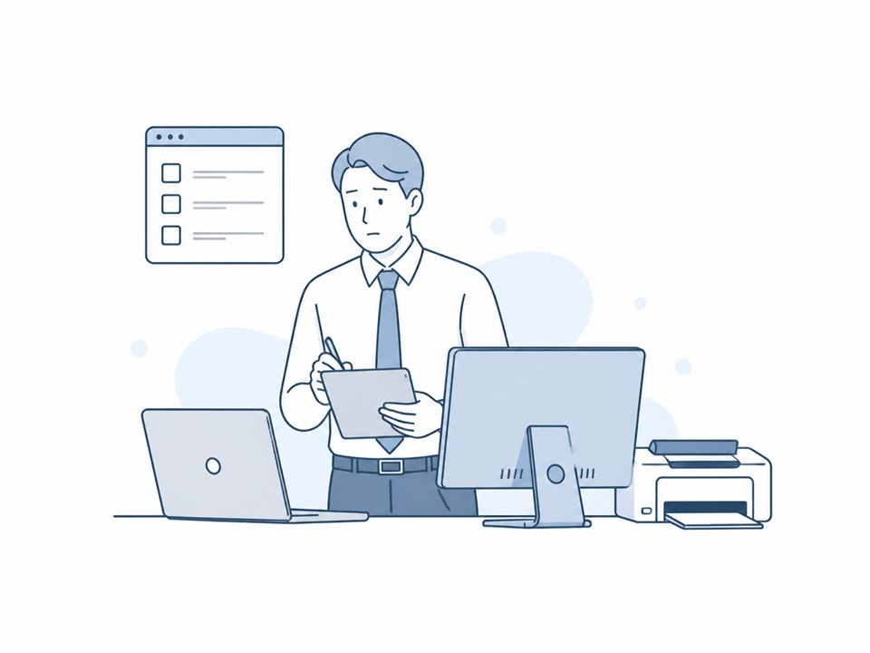 パソコンと周辺機器の情報を確認して管理するイラスト