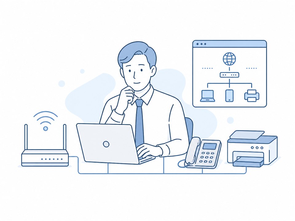 社内ネットワークと接続機器の構成を確認するイラスト