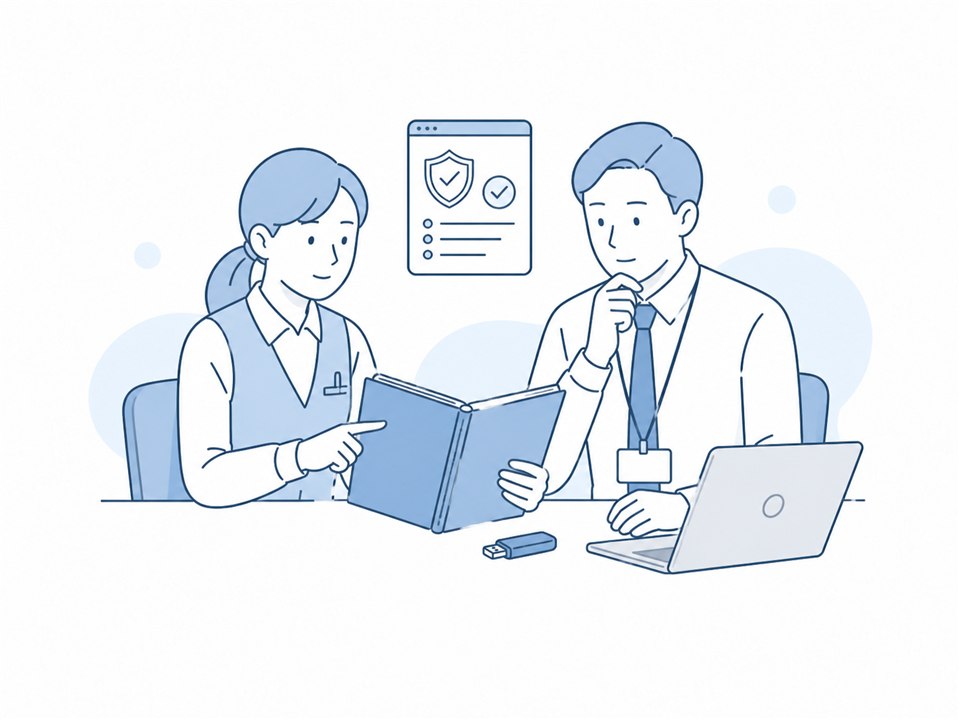 院内のIT運用ルールとセキュリティ対策を確認するイラスト