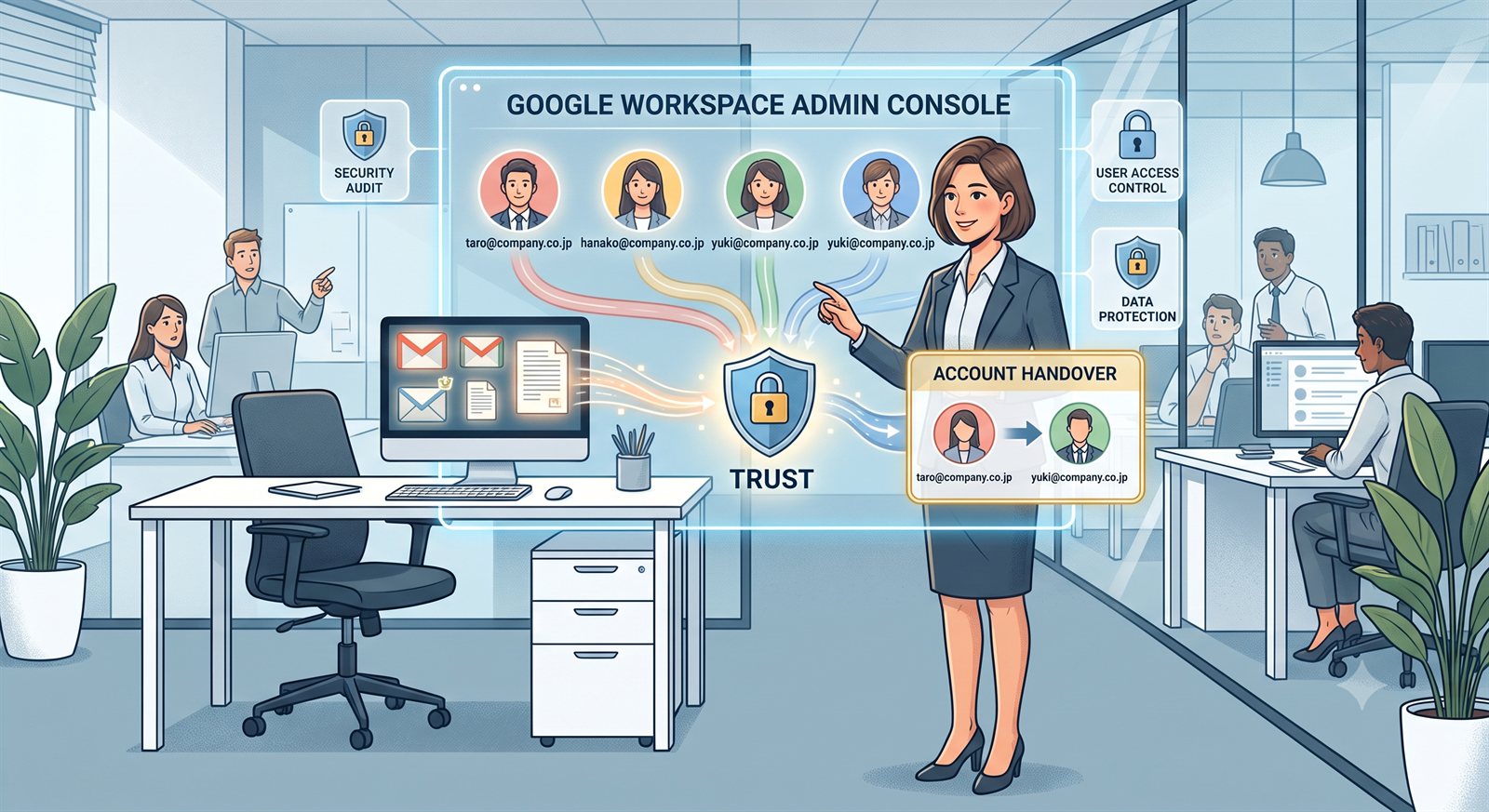 Google Workspaceで会社がメールを一元管理し安心して業務できるイメージ