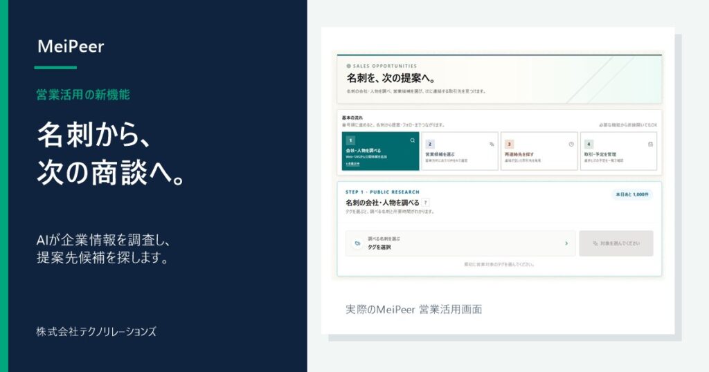 MeiPeerの営業活用画面とAIによる企業情報調査・提案先候補検索