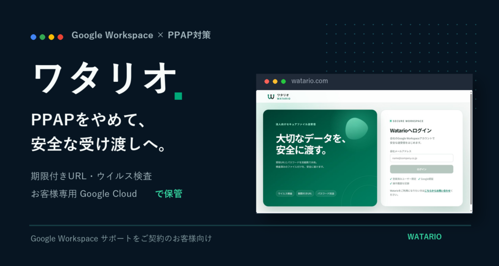 PPAP対策ファイル転送サービス「ワタリオ」の製品画面と特徴